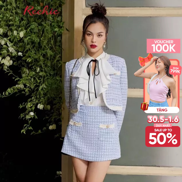 RECHIC Áo Khoác Tracy dạng lửng tay dài có đính nút ngọc xinh xắn thời thượng đi tiệc đi làm