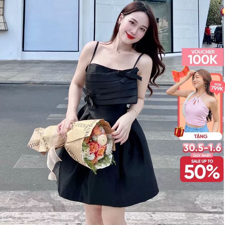 RECHIC Đầm Ngắn Ron hai dây dáng chữ A đứng form có đính nơ thời trang