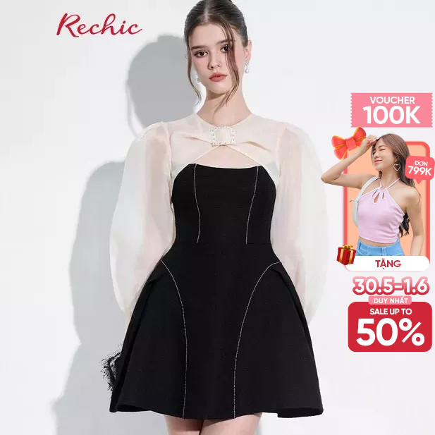 RECHIC Đầm Ngắn Damia phối ozganza dài tay dáng chữ A chiết eo kín đáo sang trọng