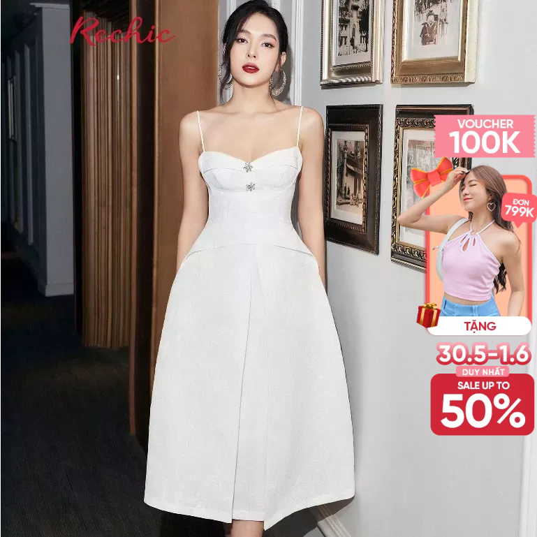 RECHIC Đầm dài Milya kiểu dáng hai dây đính đá trước ngực phù hợp đi dự tiệc sang trọng