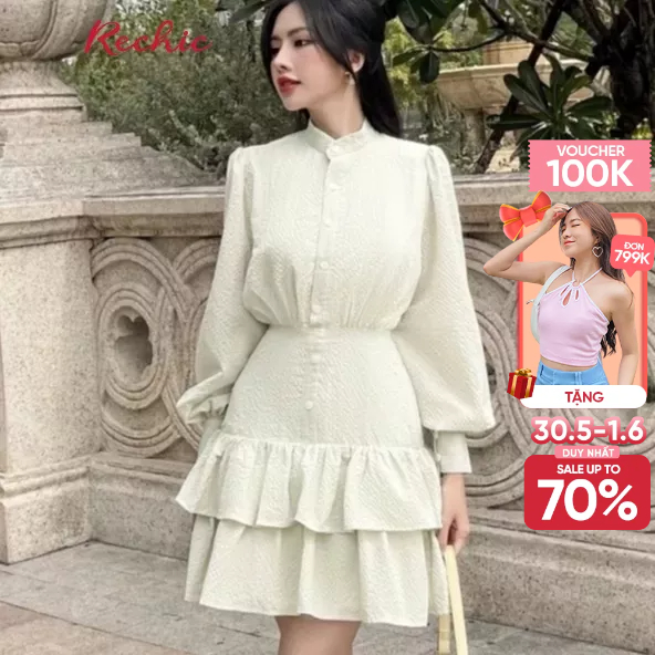 RECHIC Đầm Ngắn Lasie Màu Xanh Mint cổ trụ tay phồng xinh xắn dễ thương trẻ trung dạo phố