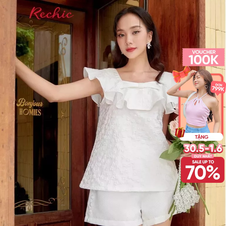 RECHIC Áo Dova kiểu cổ vuông viền bèo dáng suông sang trọng thanh lịch