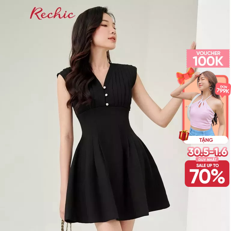 RECHIC Đầm Ngắn Sanae xếp ly phía trước dáng chiết eo trẻ trung thời thượng