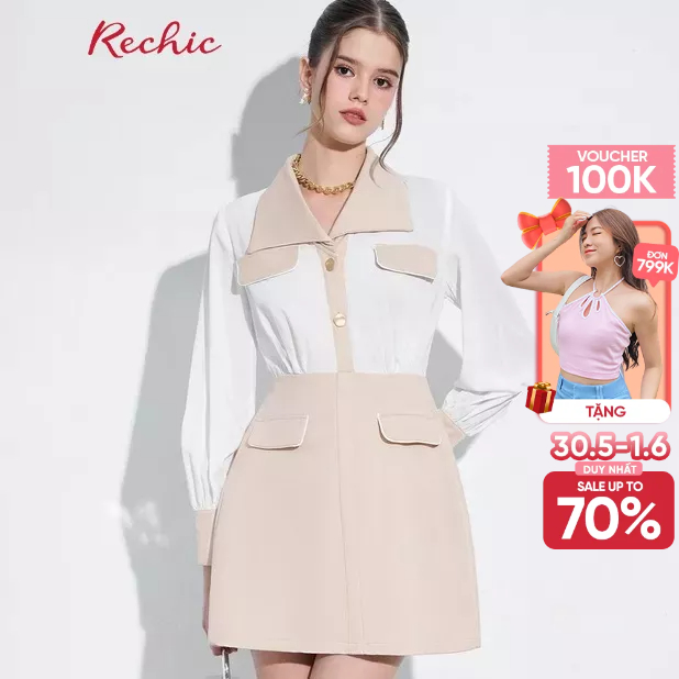 RECHIC Đầm Ngắn Fiore cố sơ mi tay dài phối màu trắng - beige phần cổ và váy độc đáo sang trọng