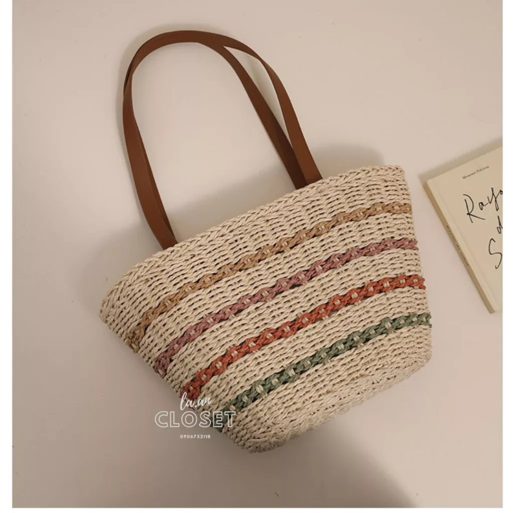 Túi cói đi biển quai da, đan phối màu lạ mắt, hottrend mùa hè 2023  - La.an closet