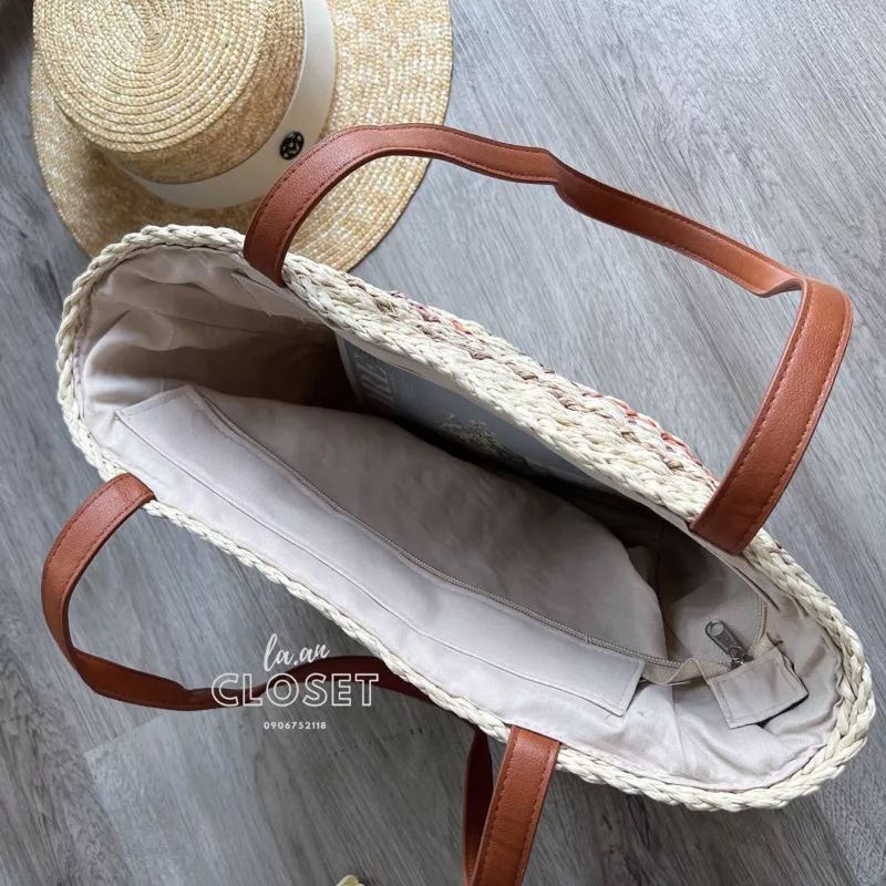 Túi cói đi biển quai da, đan phối màu lạ mắt, hottrend mùa hè 2023  - La.an closet