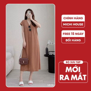 Đầm Suông Maxi Michi House Váy Xuông Dáng Dài Qua Gối Cổ V Sang Trọng Mặc Dự Tiệc Cafe Freesize Bầu Mặc Xinh V626