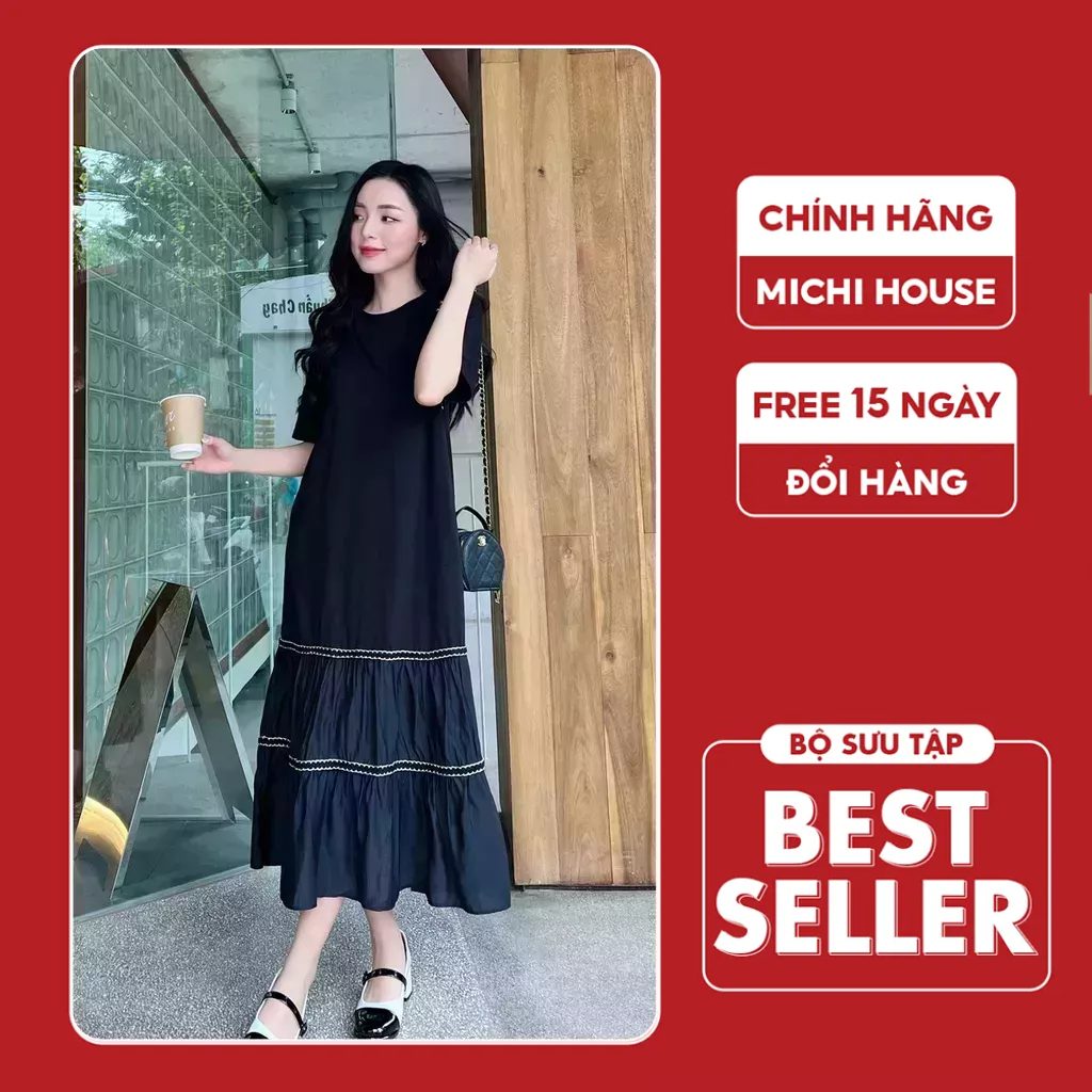 Đầm Thun Suông Maxi Michi House Váy Xuông Tầng Phối Viền Vintage Màu Đen Mặc Chụp Ảnh Du Lịch Cafe Bầu Mặc Xinh V424