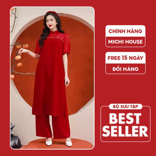 Áo Dài Tết Cách Tân Dáng Suông A Michi House Váy Xuông Màu Đỏ Phong Cách Truyền Thống Dài Qua Gối Mặc Lễ Tết Xinh V548