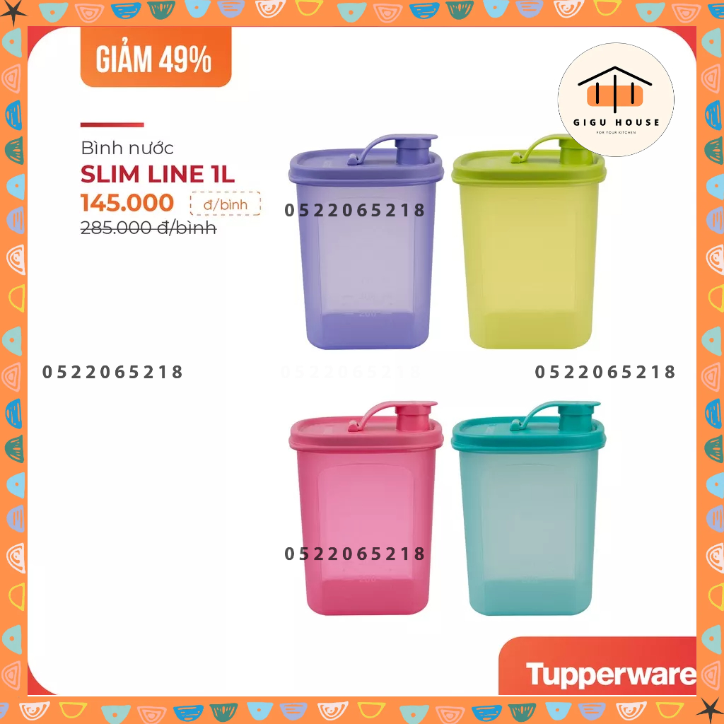 Bình nước SlimLine Pitcher 1 Lít Tupperware nhiều màu