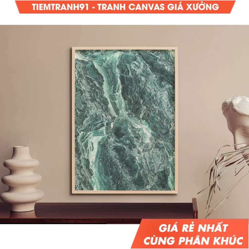 Tranh treo tường, Abstract Dark Green Emerald Jade Marble Wall Art, Texture Green Wave Art, tặng kèm