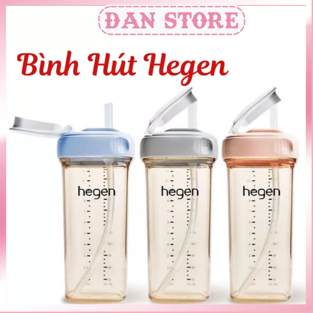 Bình sữa hegen có ống hút chính hãng màu xanh hồng ghi, Bình tập hút Hegen 330ml chính hãng