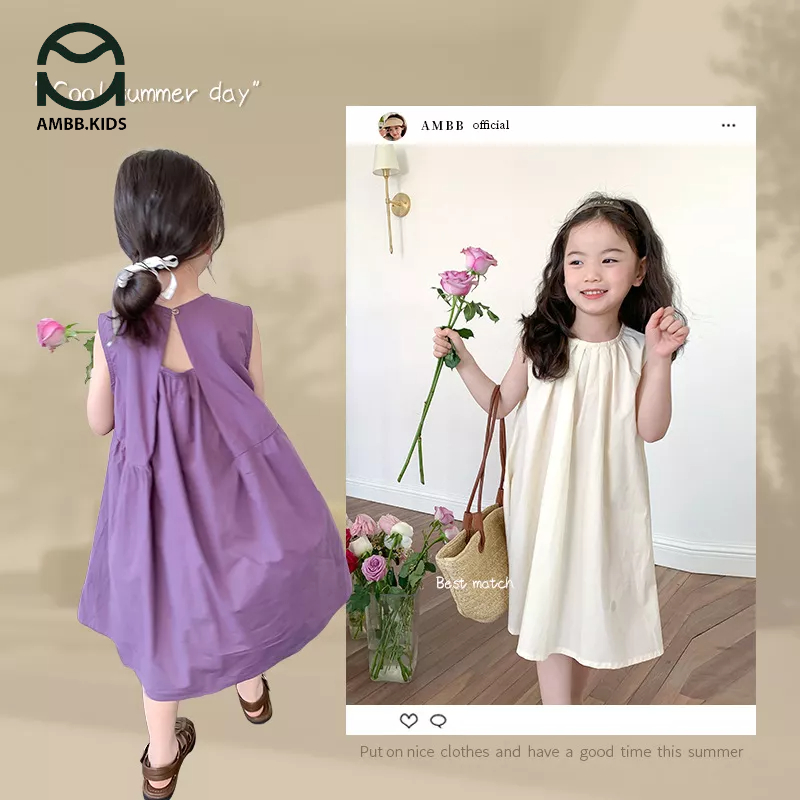 Váy đầm suông AMBBKIDS form sát nách màu tím phong cách Hàn Quốc cho bé gái - Quần áo mùa hè cho bé