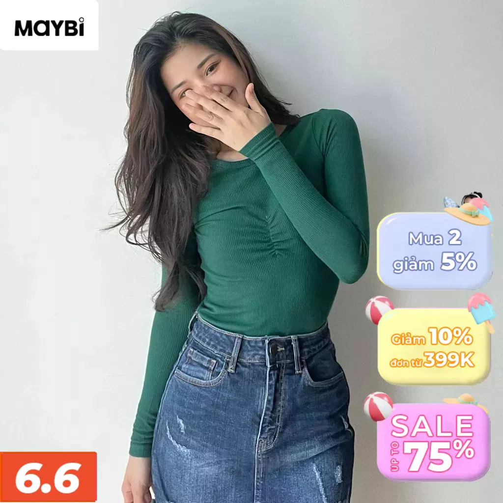 Áo Maybi ôm thun tay dài nhún kiểu