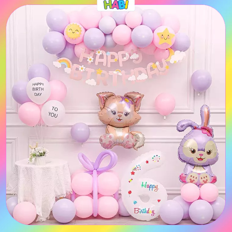 Set Bong Bóng trang trí sinh nhật cho bé tuổi mèo kèm họa tiết thỏ tím và hello kitty màu sắc nhẹ nhàng HABI22