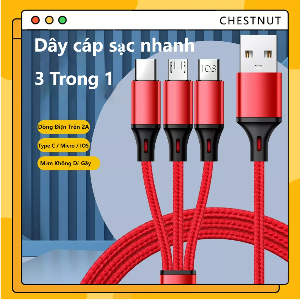 【COD】3 trong 1 Dây Cáp Sạc Nhanh 2.1A cho các dòng điện thoại dây dủ không nóng máy-CT