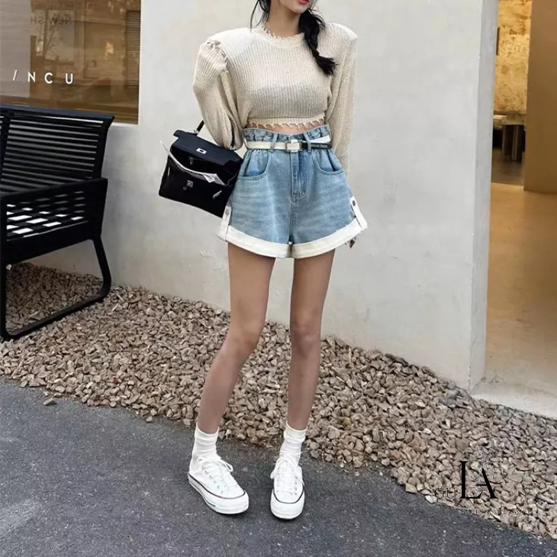 Quần Short Jean Kèm Đai Xích Gấu Gấp Phong Cách Năng Động GULA