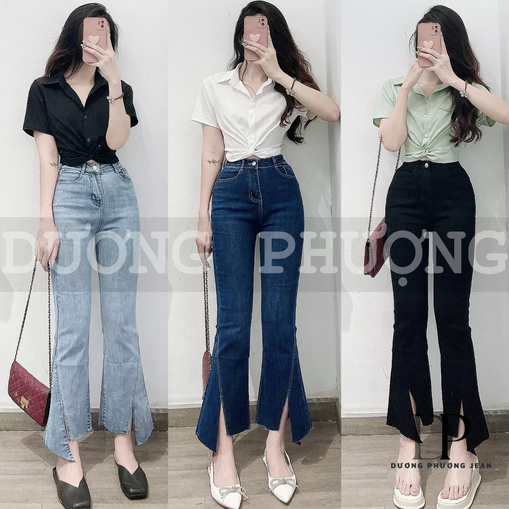 Quần jean nữ 9 tấc lưng cao co giãn, quần jean nữ lửng ống loe lai cắt xẻ chéo cá tính - QU096