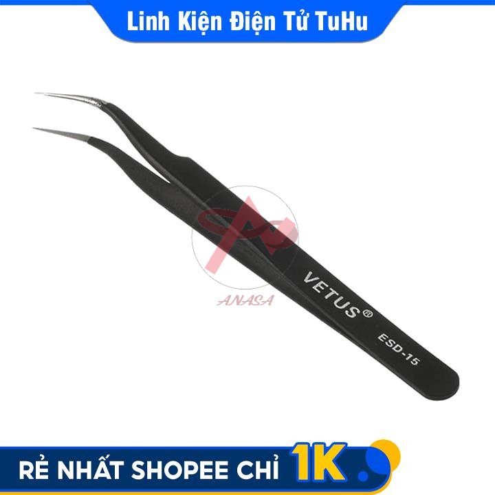 Nhíp Kẹp Linh Kiện Chống Tĩnh Điện Vetus Đen - Loại Cong ESD-15