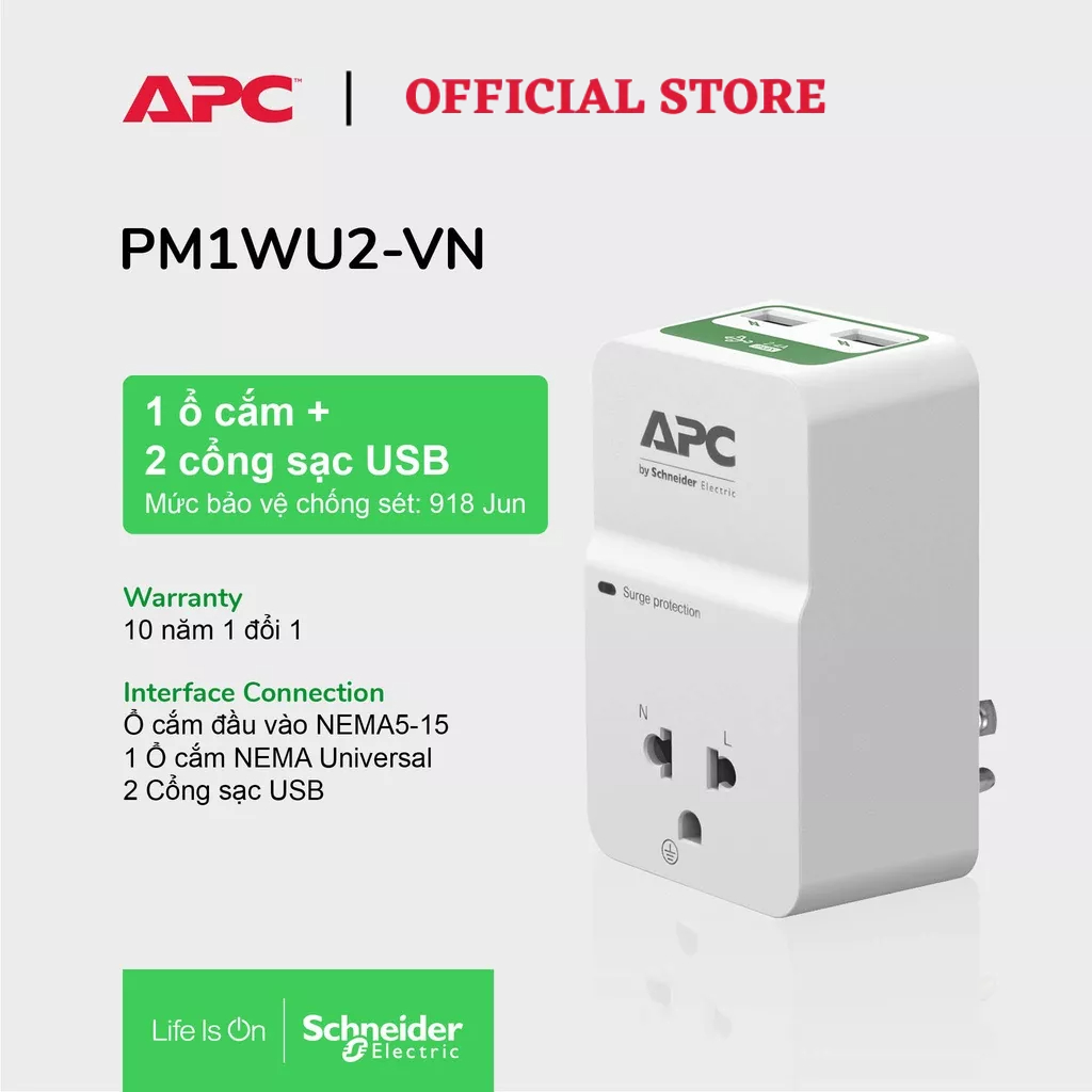 [FREESHIP] Ổ cắm chống xung sét APC by Schneider Electric PM1WU2-VN