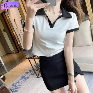 Áo croptop cổ bẻ v trơn tay ngắn ôm body, áo thun croptop kiểu cổ polo chất borip guvia cr158
