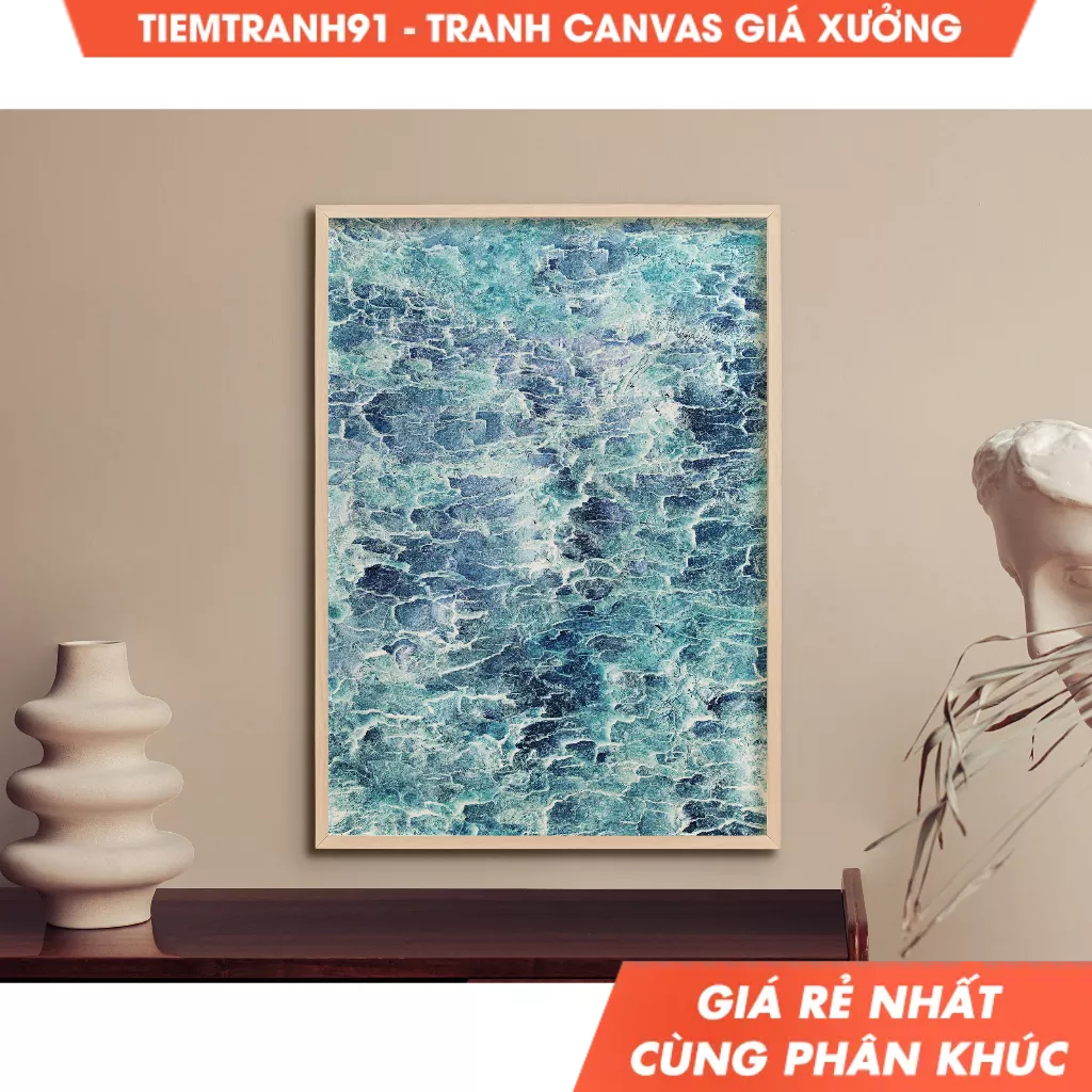 Tranh treo tường, Blue Ocean Waves Wall Art, Blue Digital Texture Waves Art, Coastal Blue Waves, tặn