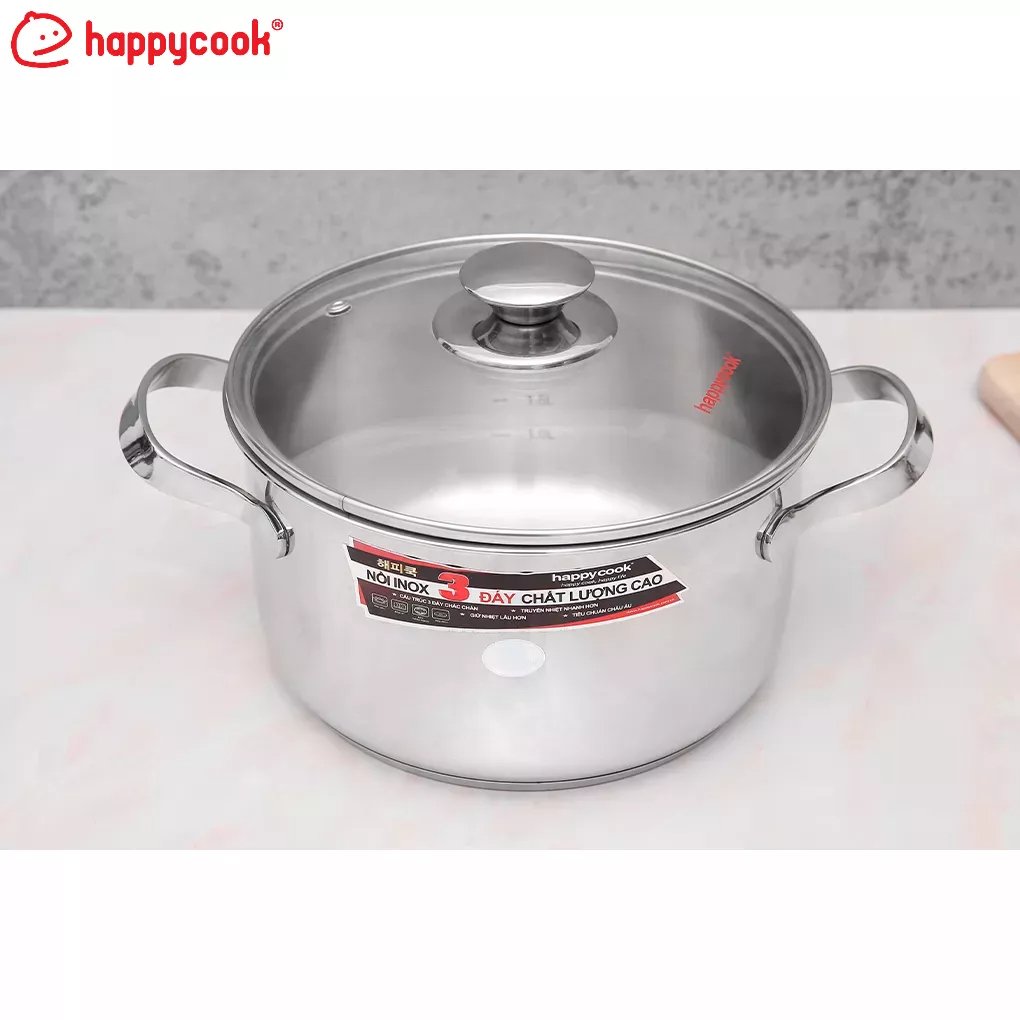Nồi inox 3 đáy nắp kính 16 cm Happycook N16-NMG
