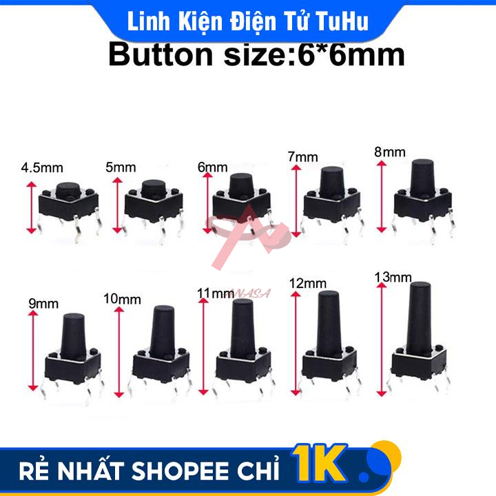 Nút Nhấn 2 Chân Vuông Đen 6x6x5mm
