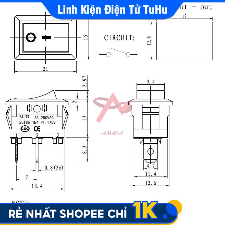 Công Tắc Bập Bênh Màu Đen KCD1-101 6A/250V 2 Chân 2 Chế Độ ON-OFF