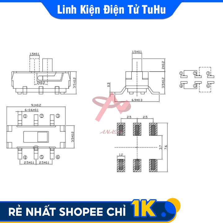 Công Tắc Gạt MSS 22D18G2 - 2P2T 6 Chân Dán