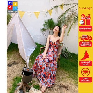 Maxi 2 Dây Nơ Hở Lưng Đũi Cao Cấp Hoa Nền Cam (Hàng Thiết Kế Maxi Đẹp)