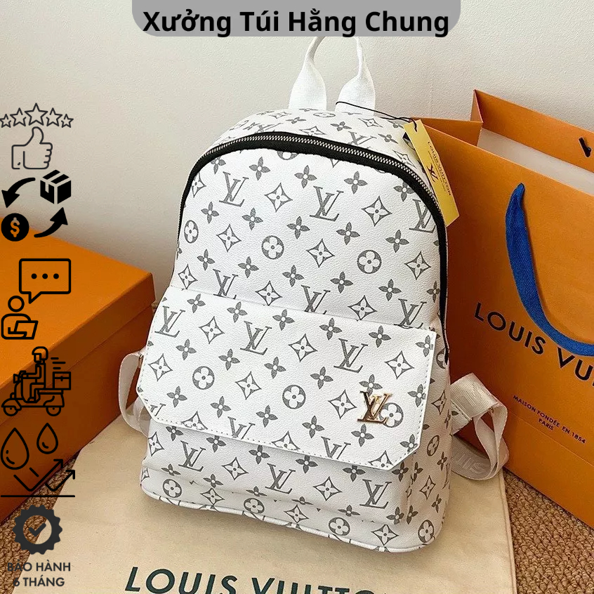 Balo da LV nam nữ màu trắng nâu đi học đi chơi size 40 chống nước bảo hành 6 tháng