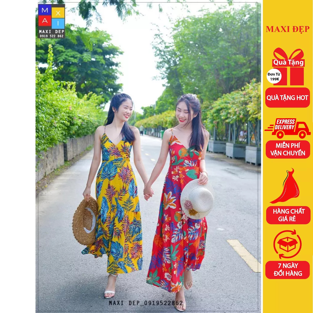 Maxi 2 Dây Nơ Hở Lưng Đũi Cao Cấp Hoa Đỏ Cam Hàng Maxdep Thiết Kế