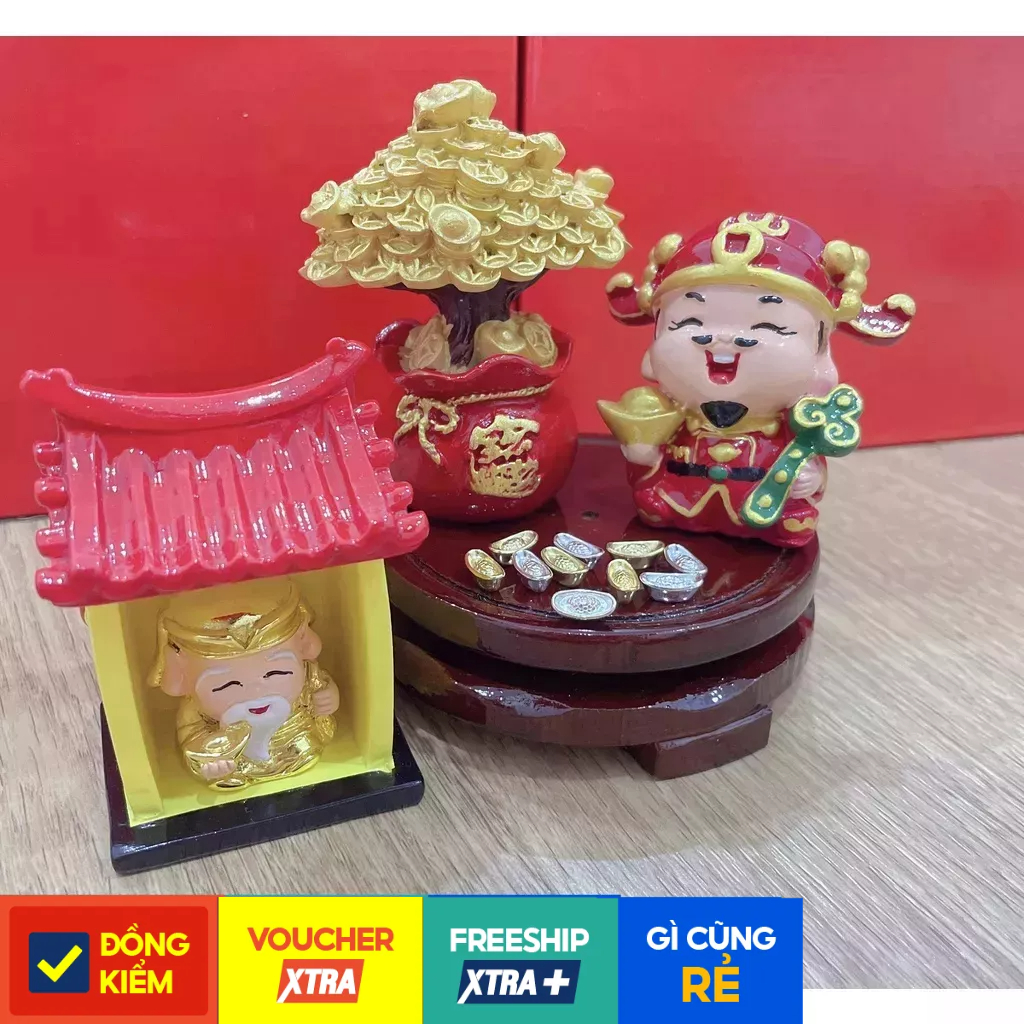 Mô hình ông thần tài cây kim tiền thỏi vàng thỏi bạc miếu ông thần tài cầu tài lộc may mắn trang trí bàn làm việc
