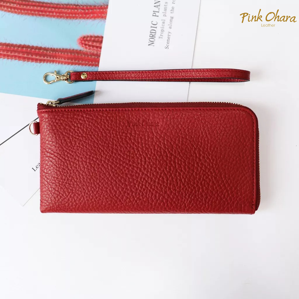 Ví dài nữ khóa kéo L vừa điện thoại, da bò Ý mềm mại - Pink Ohara Leather