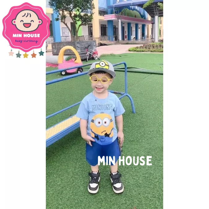 (10-23kg) Set áo cotton in hình minion phối quần thô mềm KÈM NÓN LƯỠI TRAI cho bé trai diện hè, đi học, đi chơi
