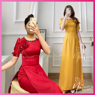 Áo dài truyền thống nữ thiết kế cao cấp, gắn gực hoa thủ công chất lụa tây thi mềm mịn