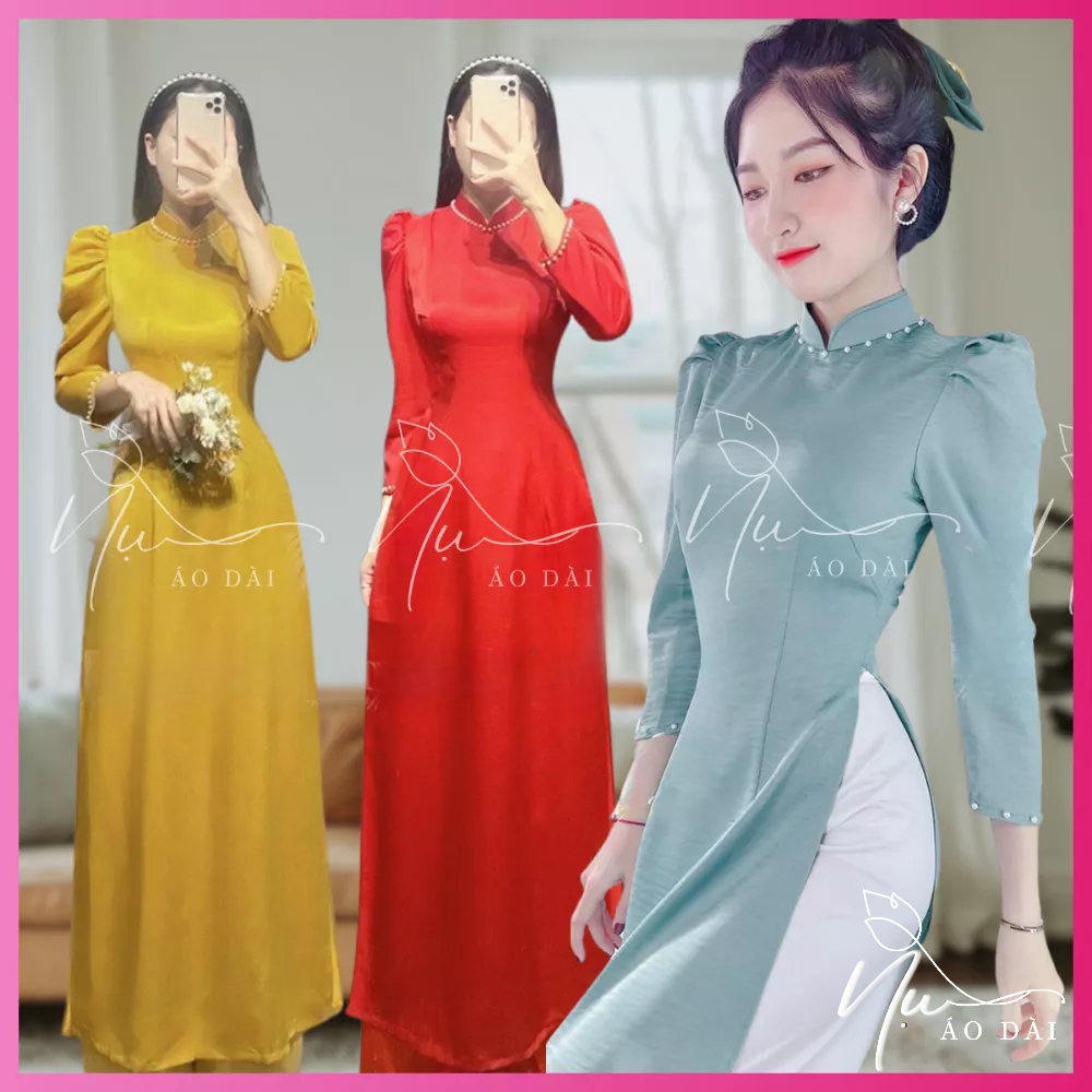 Áo dài truyền thống nữ, chất lụa tây thi mềm mịn, kiểu tay bồng trẻ trung cổ truyền thống 3cm đính hạt đẹp may sẵn