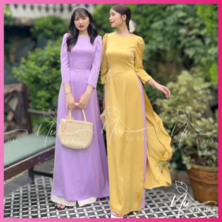 Áo dài nữ màu tím truyền thống, chất lụa tằm ướt  mềm mịn, cổ tròn đính hạt trẻ trung, sang trọng hàng may sẵn rẻ đẹp