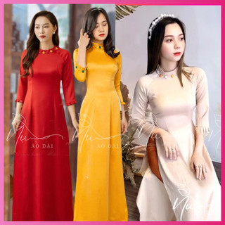 Áo dài truyền thống nữ lụa tây thi, cổ xếp ly đính cúc vải cách điệu , sang trọng, hàng đẹp giá rẻ