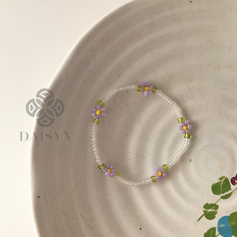 N146 Vòng tay handmade hạt cườm hoa daisy màu tím lá xanh phong cách Hàn Quốc xinh xắn