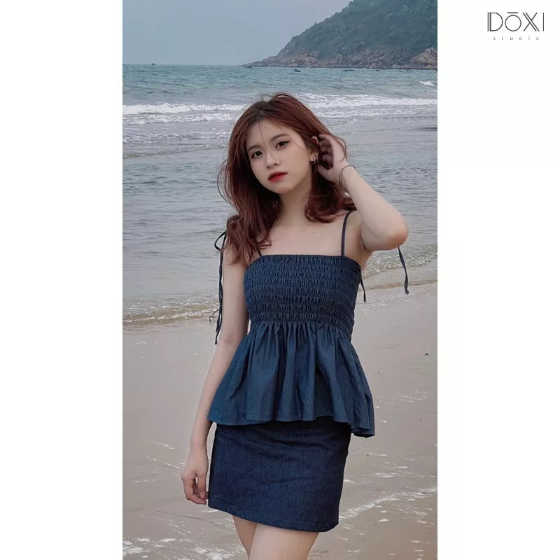Áo 2 Dây Denim Buộc Vai Nhún Thun MIE