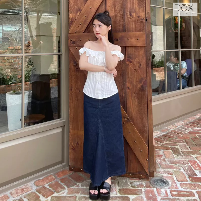 Áo trễ vai xếp ly Hàn Quốc HINA