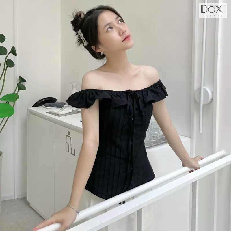 Áo trễ vai xếp ly Hàn Quốc HINA