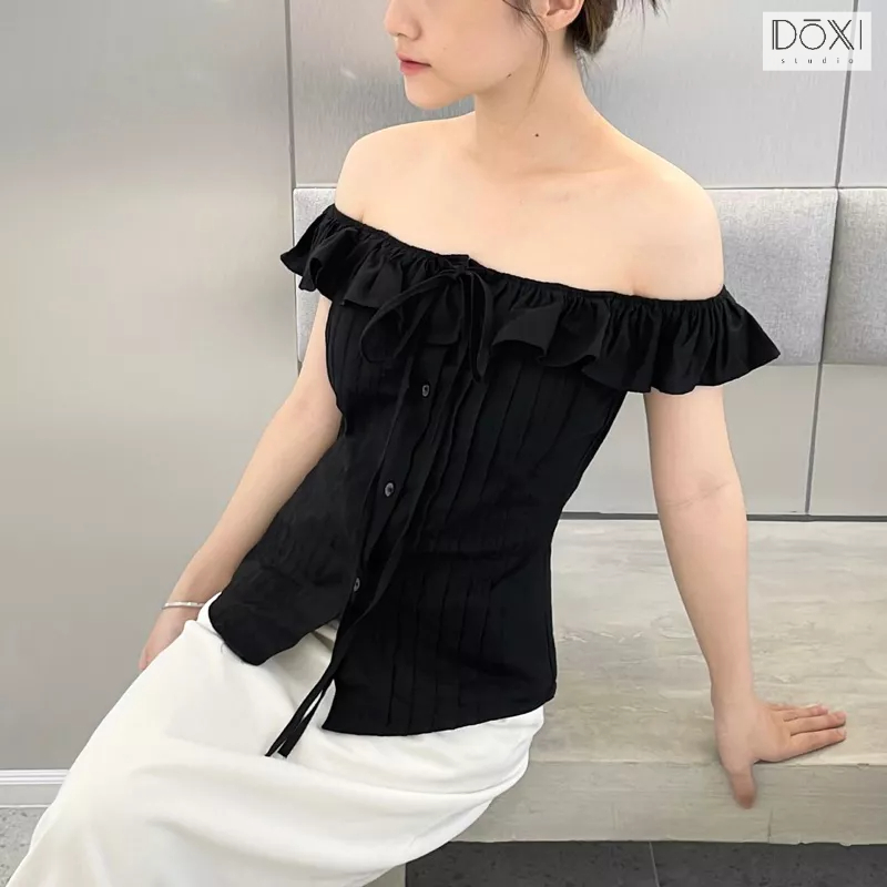 Áo trễ vai xếp ly Hàn Quốc HINA