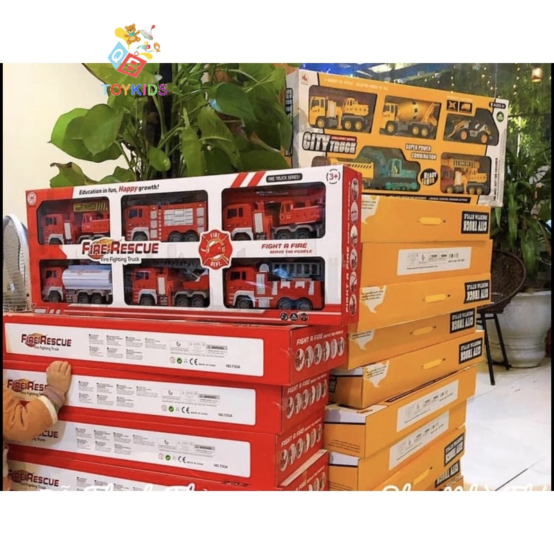 Đồ  chơi xe cứu hoả, set 6 xe cứu hoả cỡ lớn chạy đà cho bé, xe cứu hoả thành phố