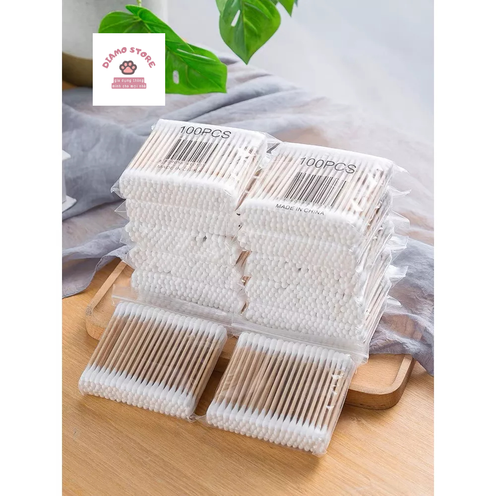 Tăm bông ngoáy tai,100 bông đa năng thân gỗ khử trùng 2 đầu thân thiện với môi trường 88383