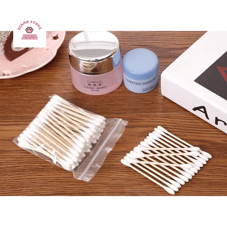 Tăm bông ngoáy tai,100 bông đa năng thân gỗ khử trùng 2 đầu thân thiện với môi trường 88383