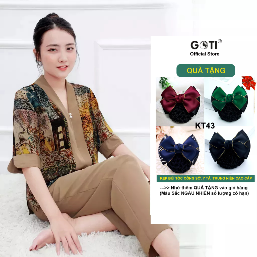 Đồ Bộ Trung Niên GOTI Mặc Nhà Nữ Sang Trọng Chất Gấm Cao Cấp Cổ Chui Tay Lững Có Túi Pijama Lụa Cho Mẹ 3359 3360