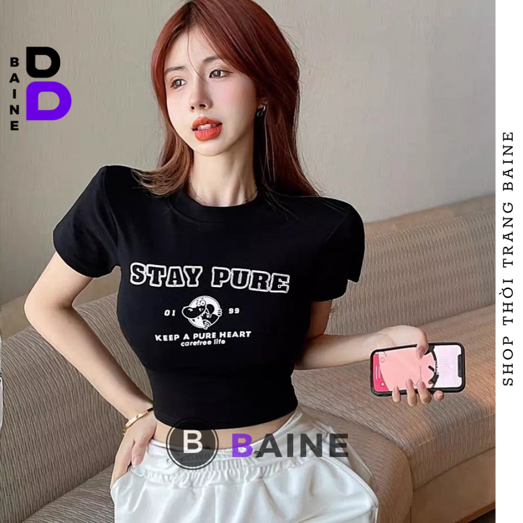 Áo Croptop Nữ STAY PURE Chất Thun Borip Kiểu Sexy Nữ, Áo Thun Ôm Body In Hoạ Tiết Đẹp Tôn Dáng BAINE